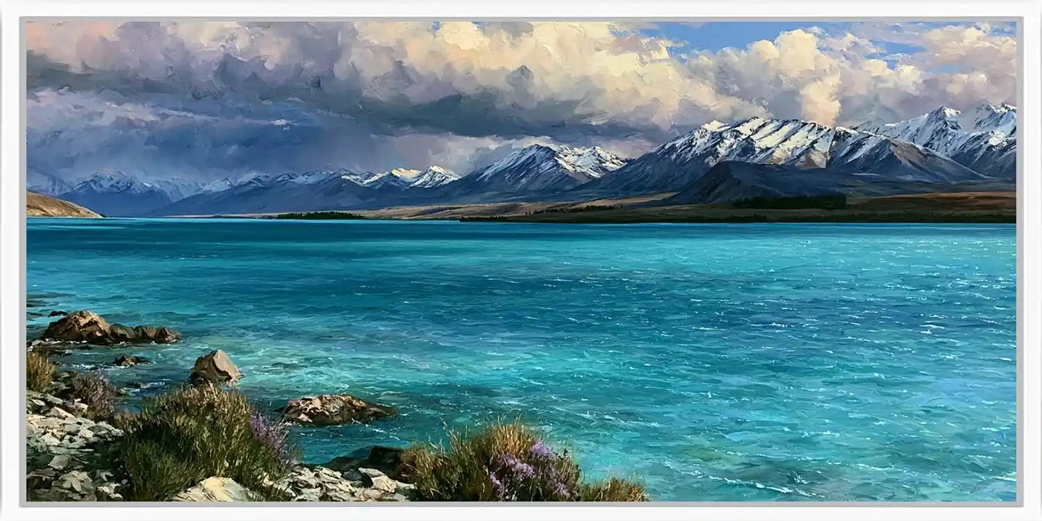 Teal alpine lake canvas print with snow mountains and dramatic clouds for refined living room or bedroom decor.