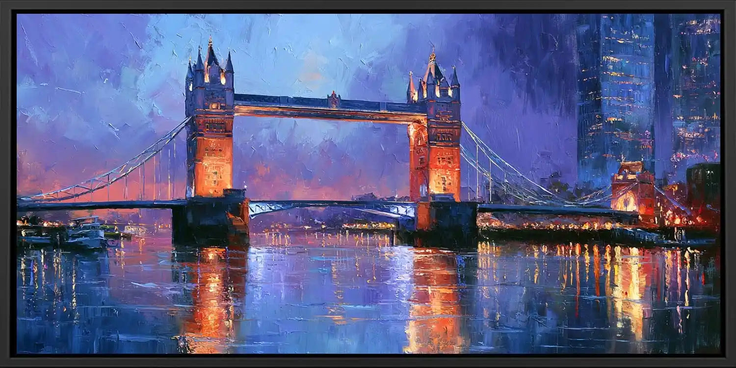 Painterly London Tower Bridge wall art with glowing reflections for elegant office, hallway, or living room decor.