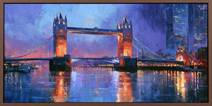 Painterly London Tower Bridge wall art with glowing reflections for elegant office, hallway, or living room decor.