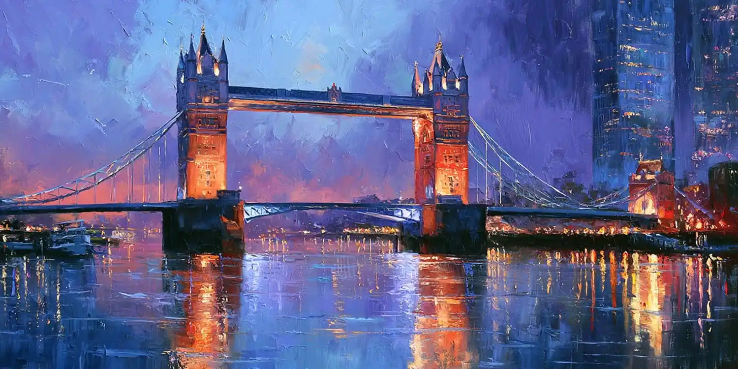 Painterly London Tower Bridge wall art with glowing reflections for elegant office, hallway, or living room decor.