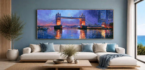 Painterly London Tower Bridge wall art with glowing reflections for elegant office, hallway, or living room decor.