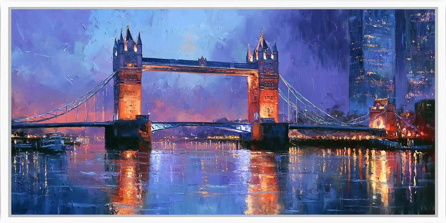 Painterly London Tower Bridge wall art with glowing reflections for elegant office, hallway, or living room decor.