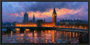 Big Ben London canvas art with Westminster lights and river reflections for sophisticated living room decor.