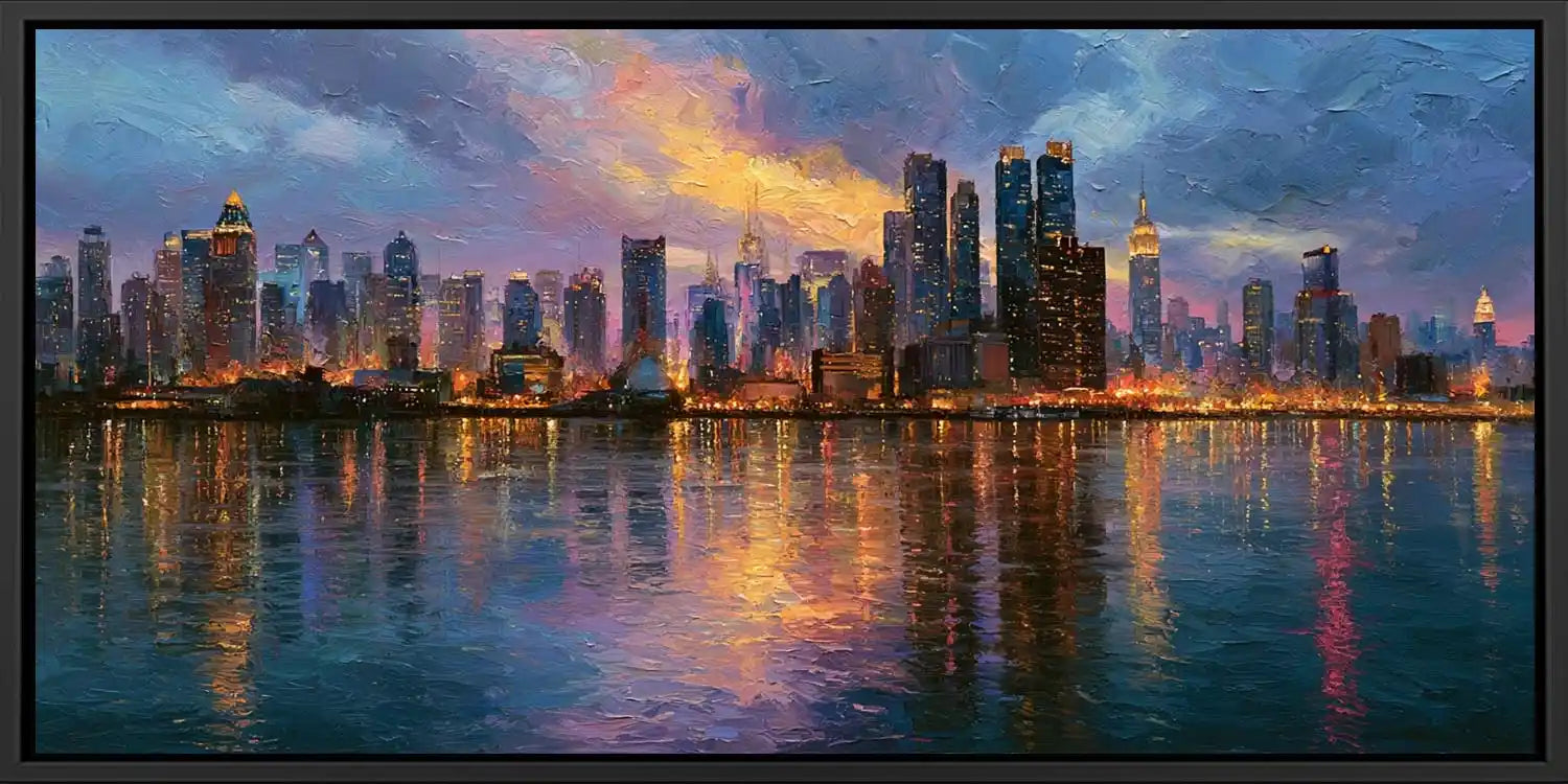 Modern Manhattan skyline canvas print with glowing water reflections for office, loft, or living room decor.