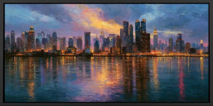 Modern Manhattan skyline canvas print with glowing water reflections for office, loft, or living room decor.
