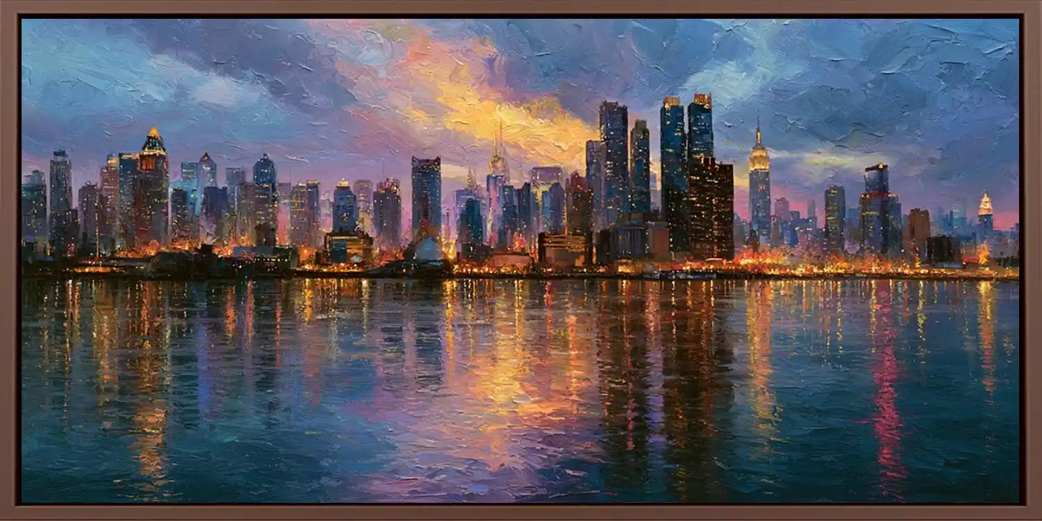 Modern Manhattan skyline canvas print with glowing water reflections for office, loft, or living room decor.
