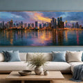 Modern Manhattan skyline canvas print with glowing water reflections for office, loft, or living room decor.