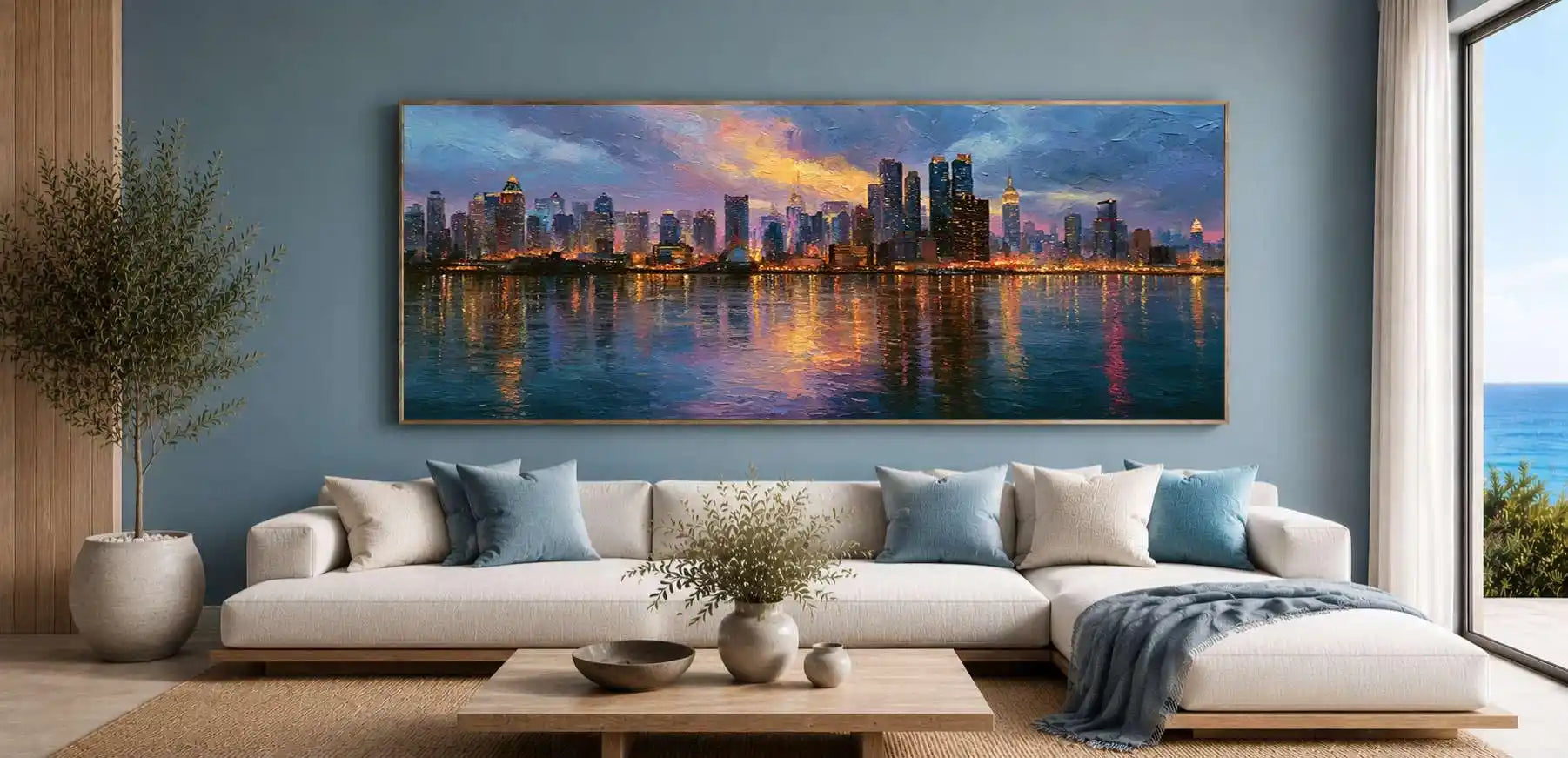Modern Manhattan skyline canvas print with glowing water reflections for office, loft, or living room decor.