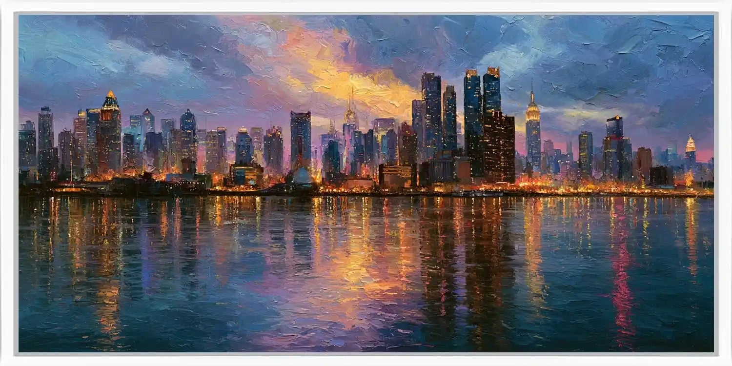 Modern Manhattan skyline canvas print with glowing water reflections for office, loft, or living room decor.