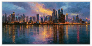 Modern Manhattan skyline canvas print with glowing water reflections for office, loft, or living room decor.