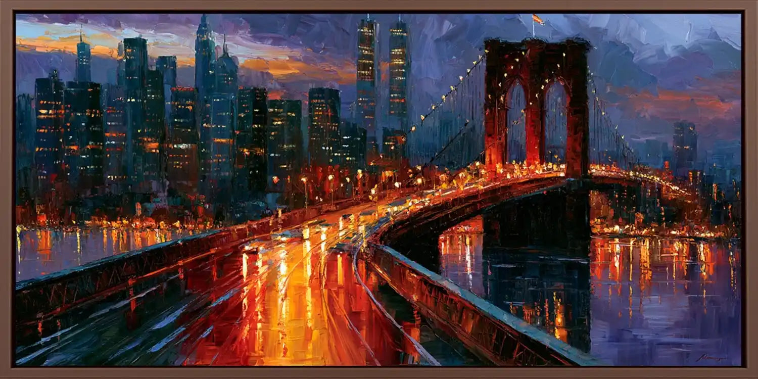 Moody Brooklyn Bridge wall art with city lights and reflections for bold office, loft, or living room styling.