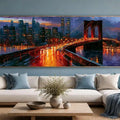 Moody Brooklyn Bridge wall art with city lights and reflections for bold office, loft, or living room styling.