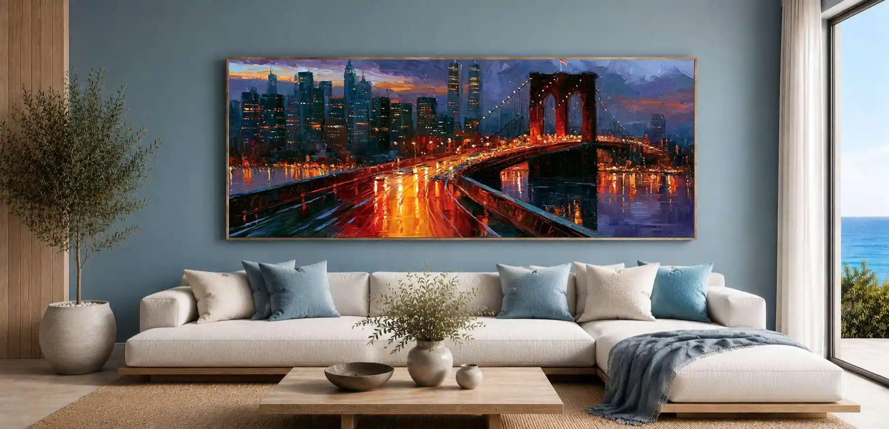 Moody Brooklyn Bridge wall art with city lights and reflections for bold office, loft, or living room styling.