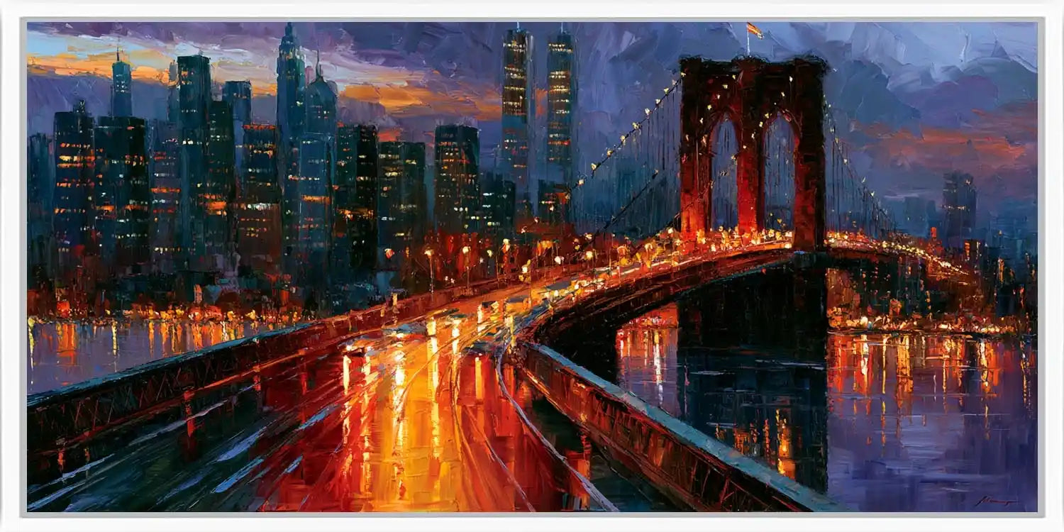 Moody Brooklyn Bridge wall art with city lights and reflections for bold office, loft, or living room styling.
