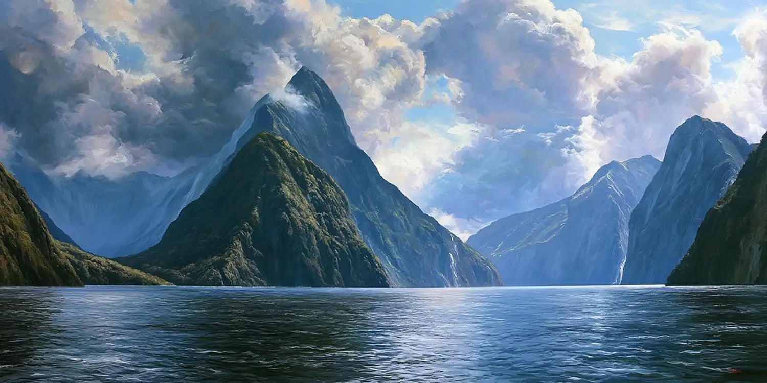 Dramatic fjord mountain canvas with calm water and luminous clouds for serene living room or bedroom decor.