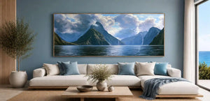 Dramatic fjord mountain canvas with calm water and luminous clouds for serene living room or bedroom decor.