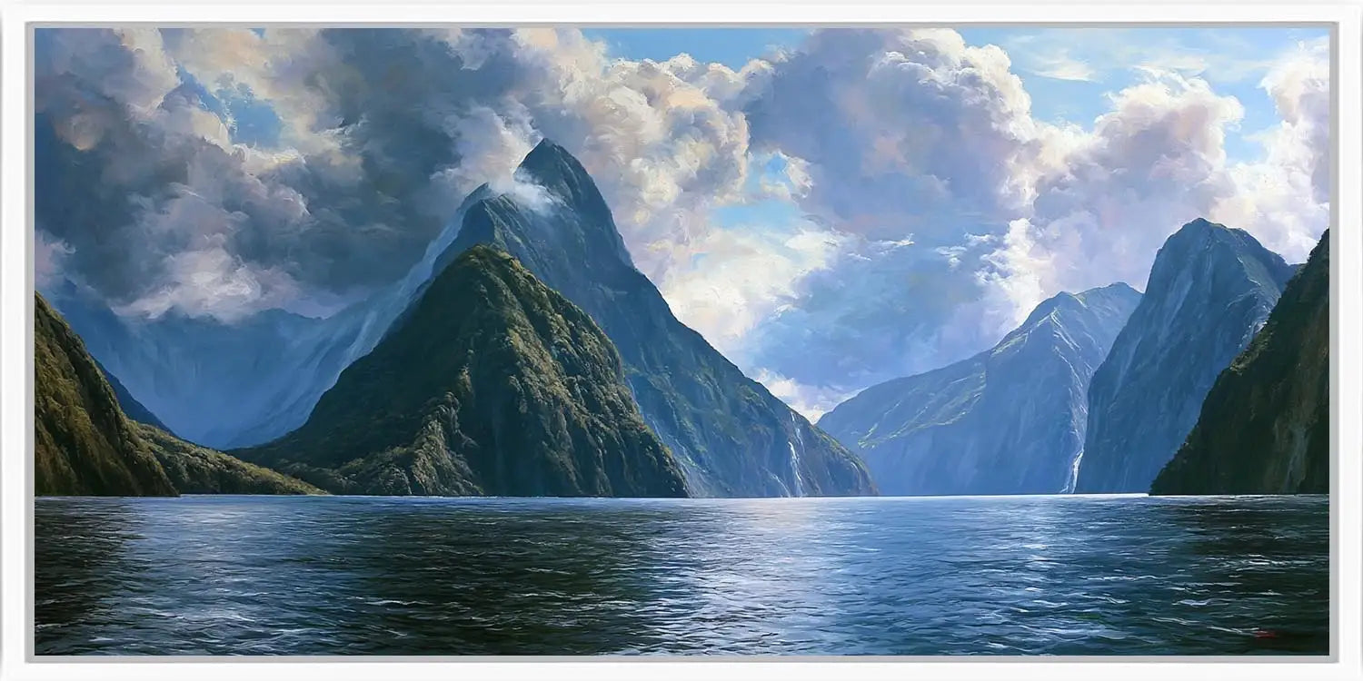 Dramatic fjord mountain canvas with calm water and luminous clouds for serene living room or bedroom decor.