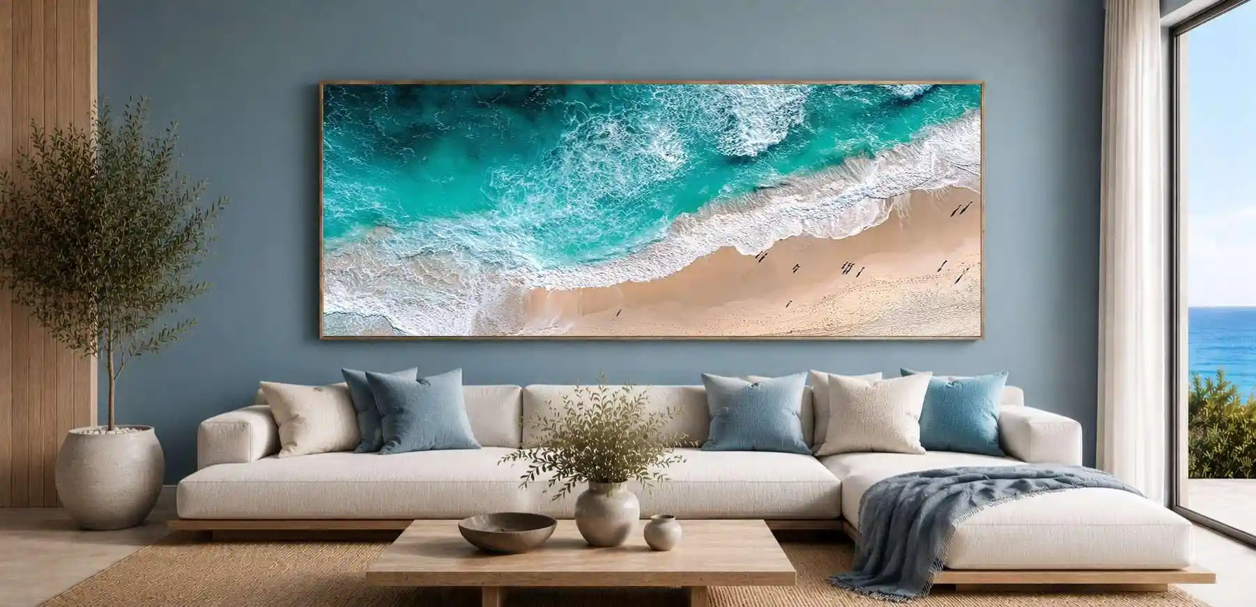 Aerial turquoise beach canvas art with ocean foam for modern coastal decor.