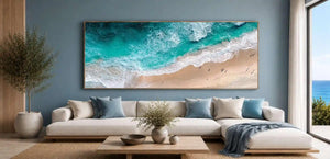 Aerial turquoise beach canvas art with ocean foam for modern coastal decor.