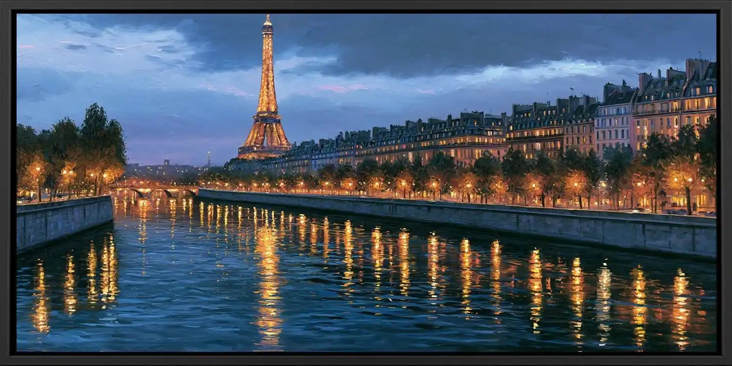 Elegant Eiffel Tower canvas art with Paris river lights and reflections for romantic bedroom or living room decor.