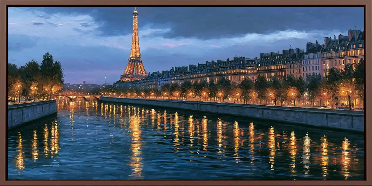 Elegant Eiffel Tower canvas art with Paris river lights and reflections for romantic bedroom or living room decor.