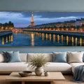 Elegant Eiffel Tower canvas art with Paris river lights and reflections for romantic bedroom or living room decor.