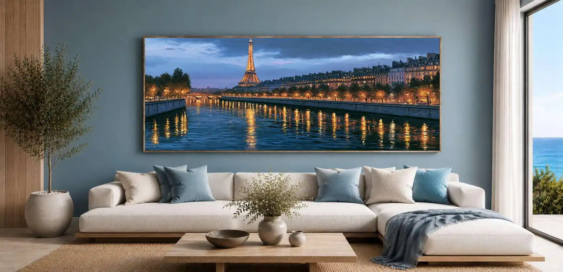 Elegant Eiffel Tower canvas art with Paris river lights and reflections for romantic bedroom or living room decor.