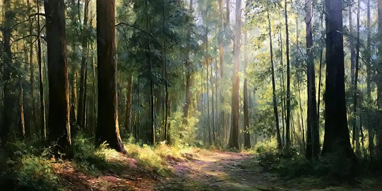 Woodland path canvas print with tall trees and soft sunlight for calming living room, office, or bedroom decor.