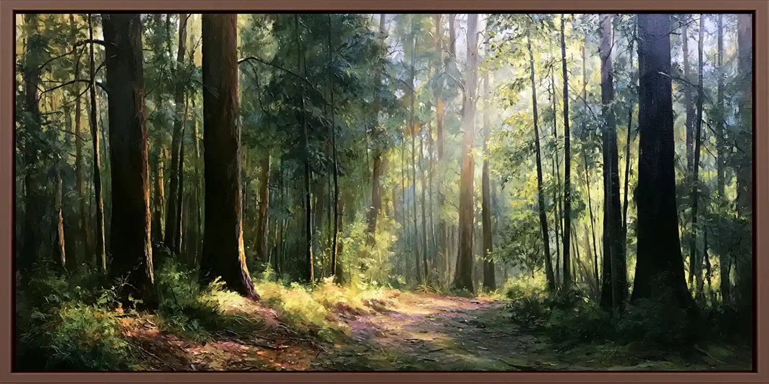 Woodland path canvas print with tall trees and soft sunlight for calming living room, office, or bedroom decor.