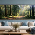 Woodland path canvas print with tall trees and soft sunlight for calming living room, office, or bedroom decor.