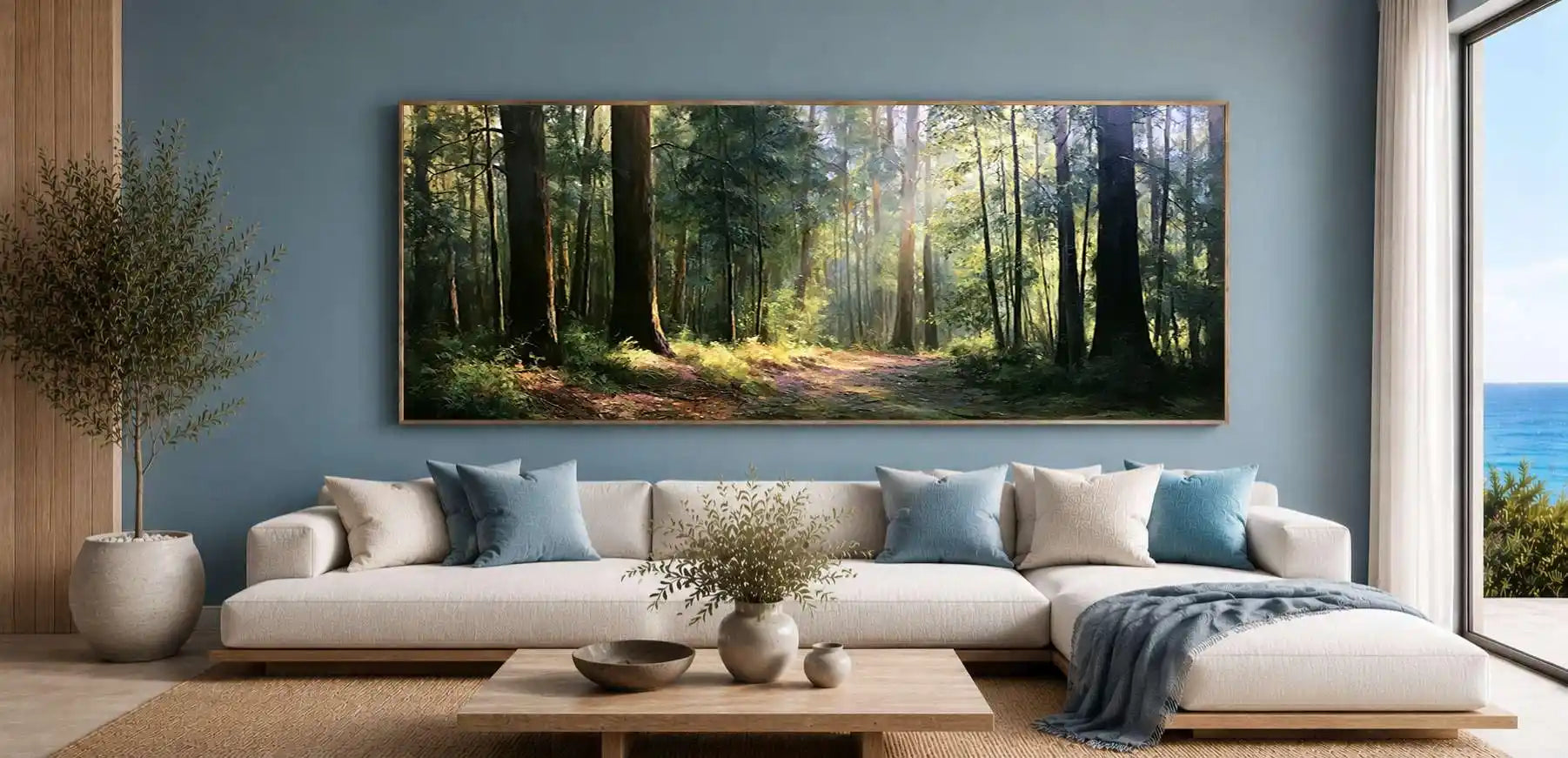 Woodland path canvas print with tall trees and soft sunlight for calming living room, office, or bedroom decor.