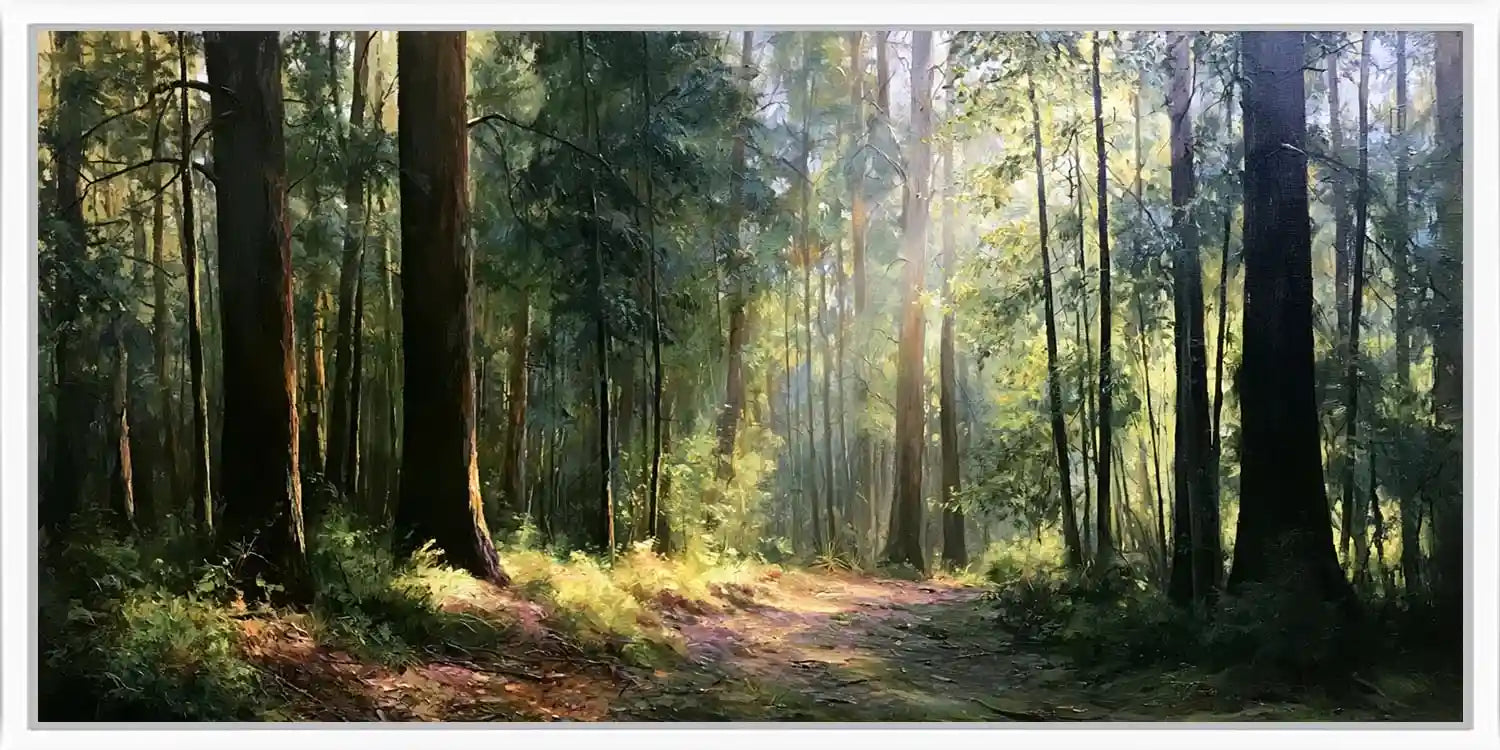 Woodland path canvas print with tall trees and soft sunlight for calming living room, office, or bedroom decor.