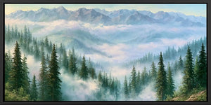 Misty mountain forest artwork with pine trees and soft clouds for tranquil bedroom, office, or living room decor.