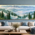 Misty mountain forest artwork with pine trees and soft clouds for tranquil bedroom, office, or living room decor.