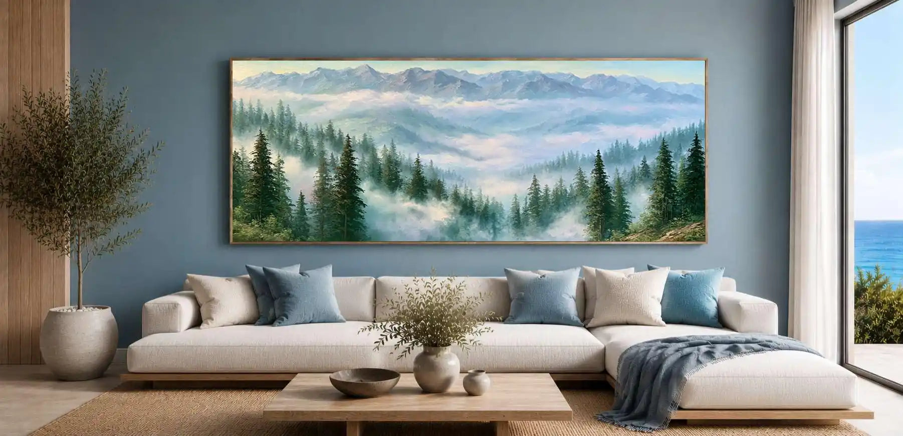 Misty mountain forest artwork with pine trees and soft clouds for tranquil bedroom, office, or living room decor.
