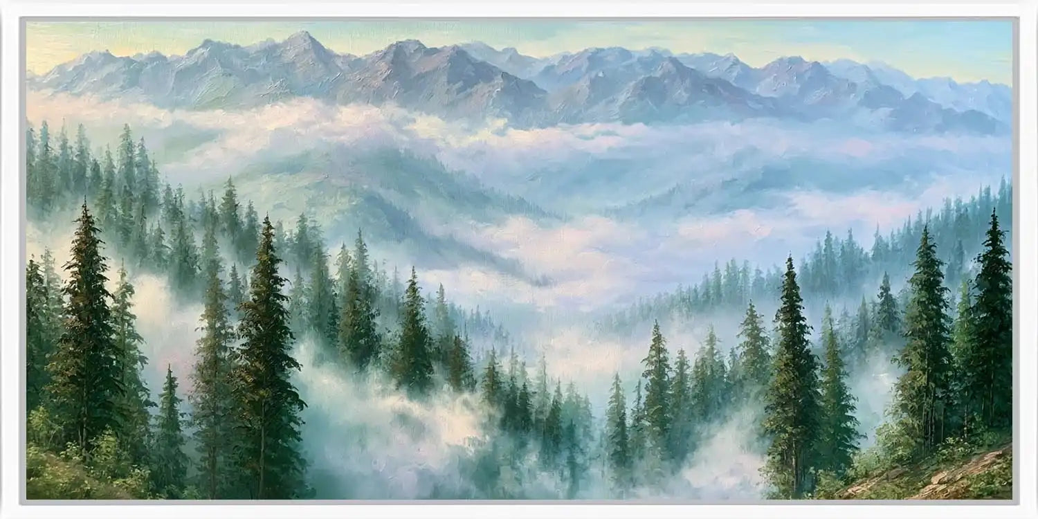 Misty mountain forest artwork with pine trees and soft clouds for tranquil bedroom, office, or living room decor.