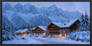 Snowy chalet canvas wall art with alpine mountains and warm lights for cozy cabin, bedroom, or living room decor.
