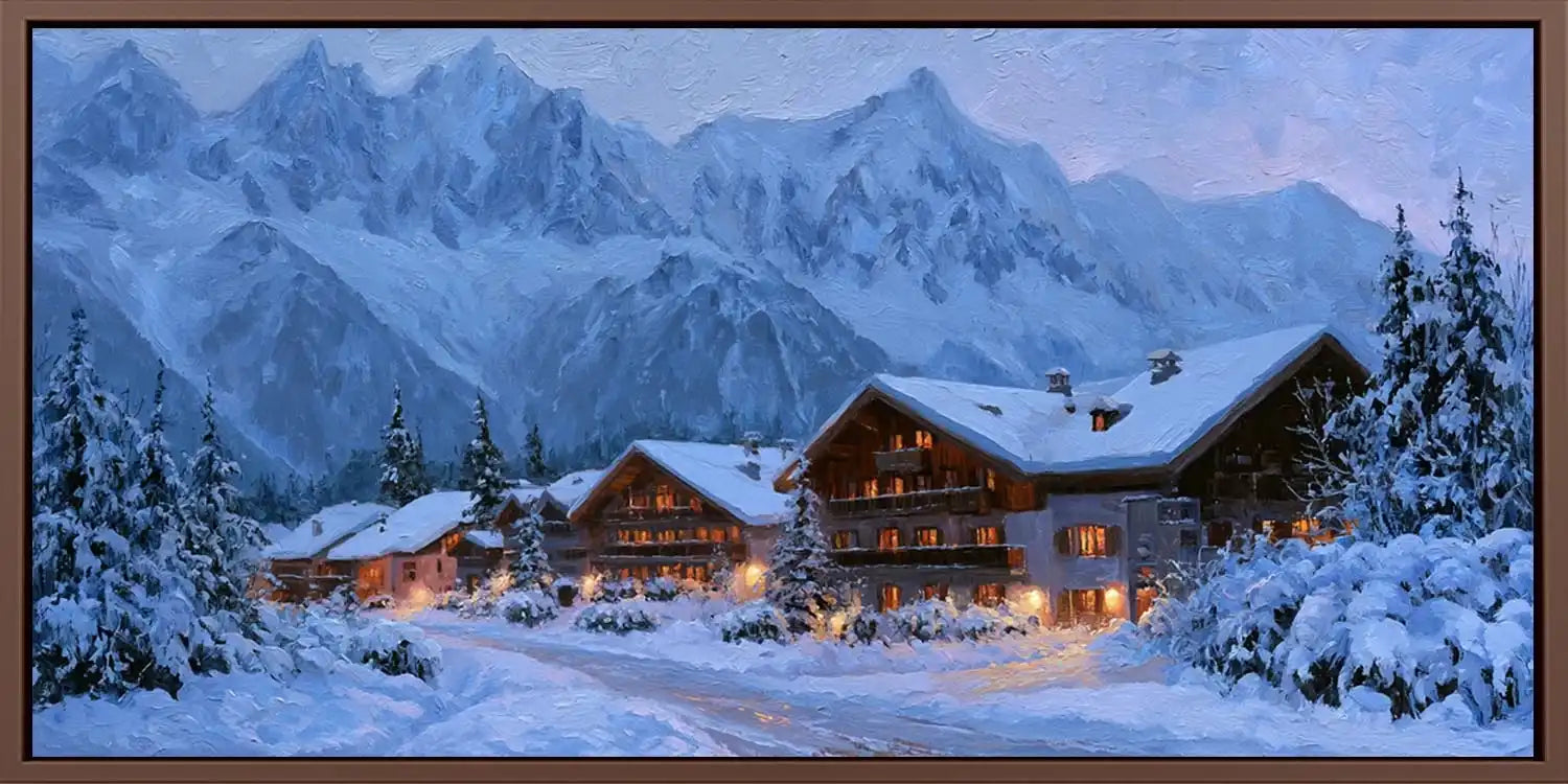 Snowy chalet canvas wall art with alpine mountains and warm lights for cozy cabin, bedroom, or living room decor.