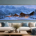 Snowy chalet canvas wall art with alpine mountains and warm lights for cozy cabin, bedroom, or living room decor.