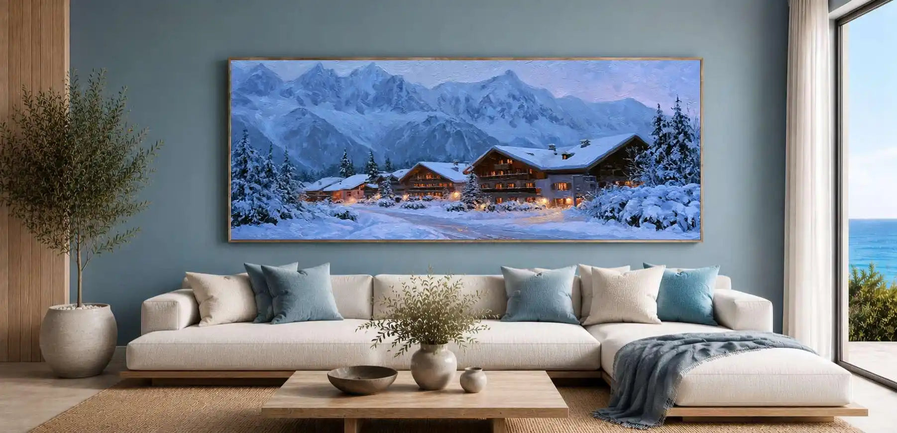 Snowy chalet canvas wall art with alpine mountains and warm lights for cozy cabin, bedroom, or living room decor.