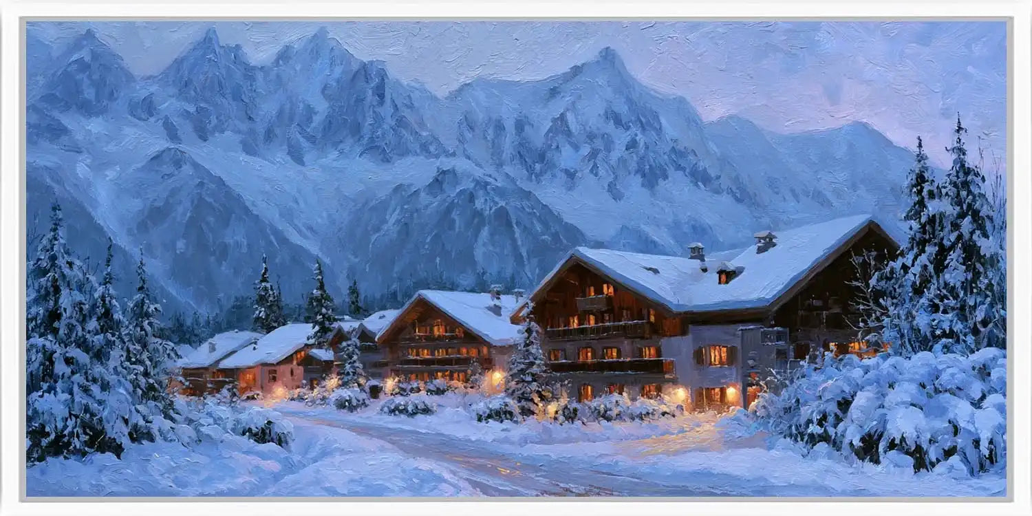 Snowy chalet canvas wall art with alpine mountains and warm lights for cozy cabin, bedroom, or living room decor.