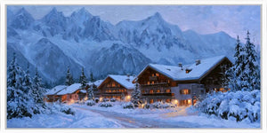 Snowy chalet canvas wall art with alpine mountains and warm lights for cozy cabin, bedroom, or living room decor.