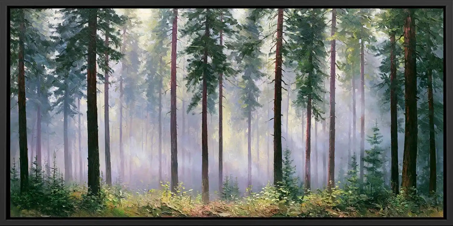 Misty pine forest canvas with tall trees and soft light for serene bedroom, office, or living room wall decor.