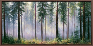 Misty pine forest canvas with tall trees and soft light for serene bedroom, office, or living room wall decor.