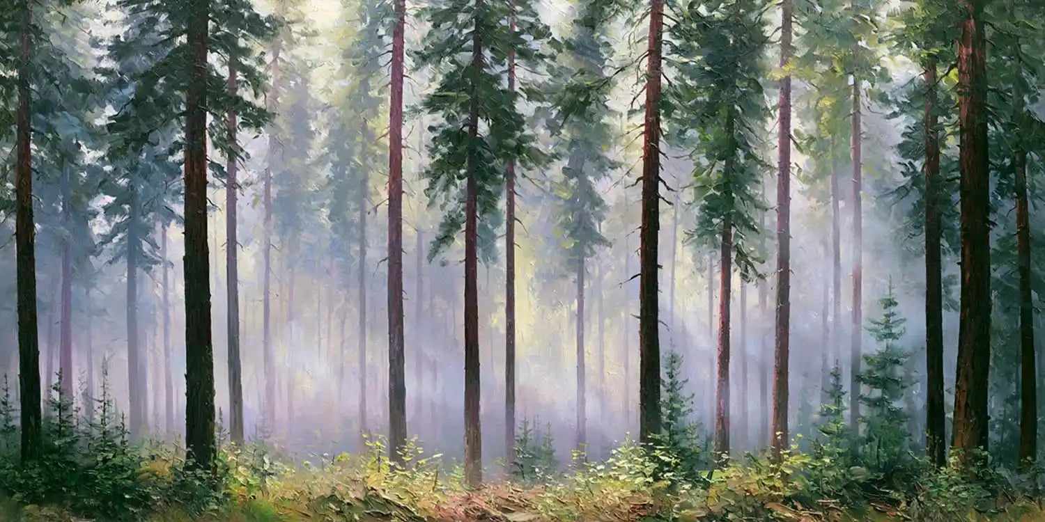 Misty pine forest canvas with tall trees and soft light for serene bedroom, office, or living room wall decor.