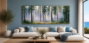 Misty pine forest canvas with tall trees and soft light for serene bedroom, office, or living room wall decor.