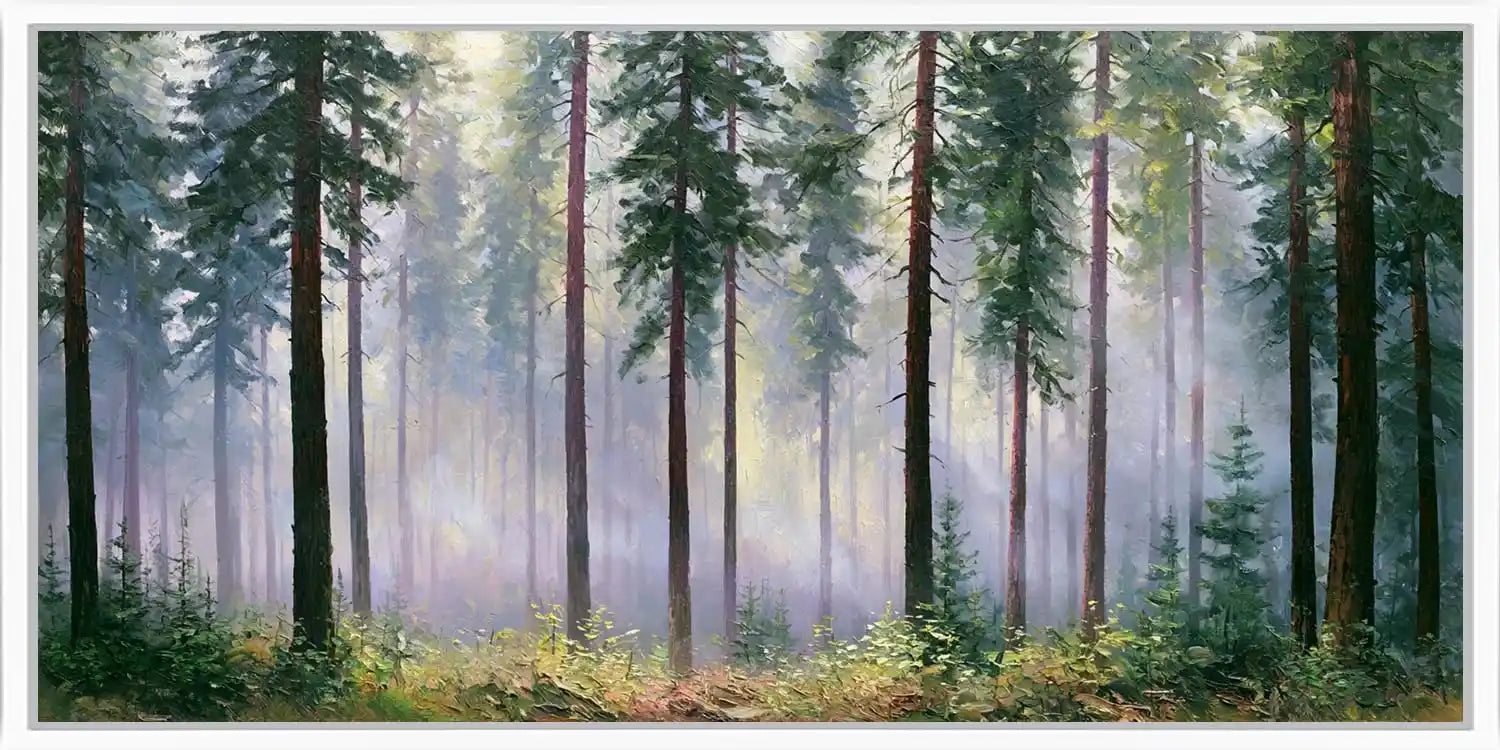 Misty pine forest canvas with tall trees and soft light for serene bedroom, office, or living room wall decor.