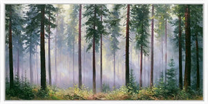 Misty pine forest canvas with tall trees and soft light for serene bedroom, office, or living room wall decor.