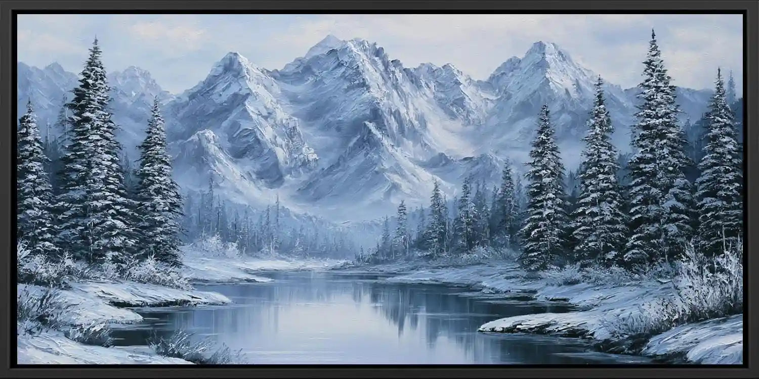 Snow mountain lake wall art with frosted pine trees and icy reflections for peaceful bedroom or living room decor.