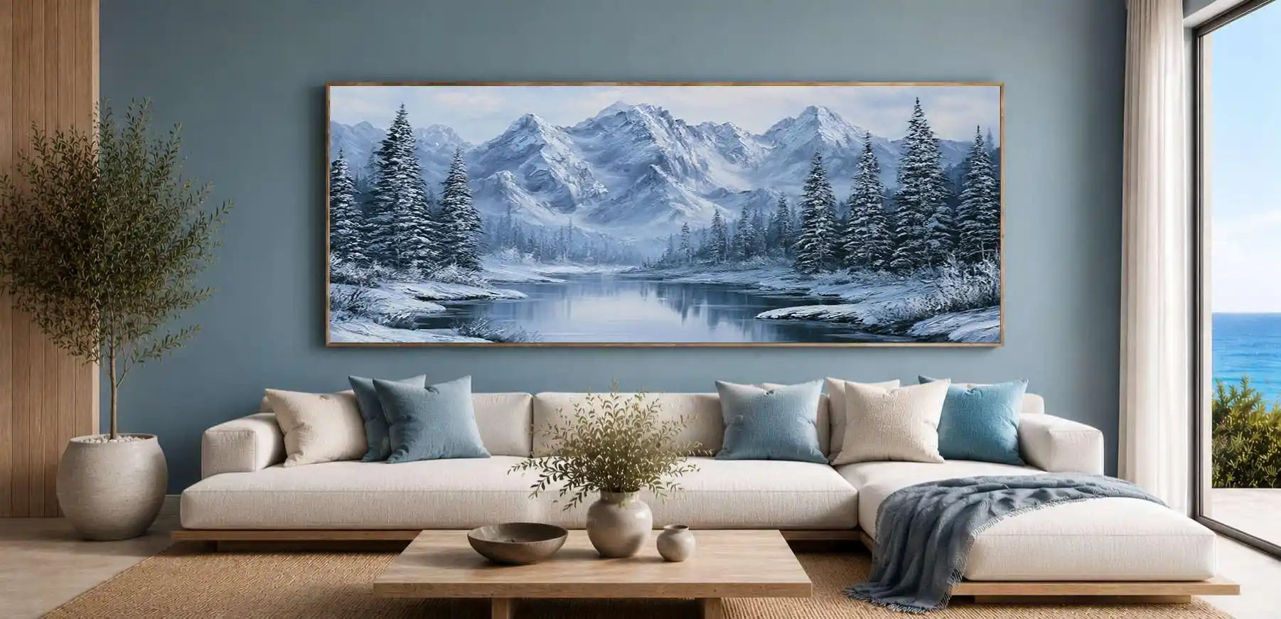 Snow mountain lake wall art with frosted pine trees and icy reflections for peaceful bedroom or living room decor.